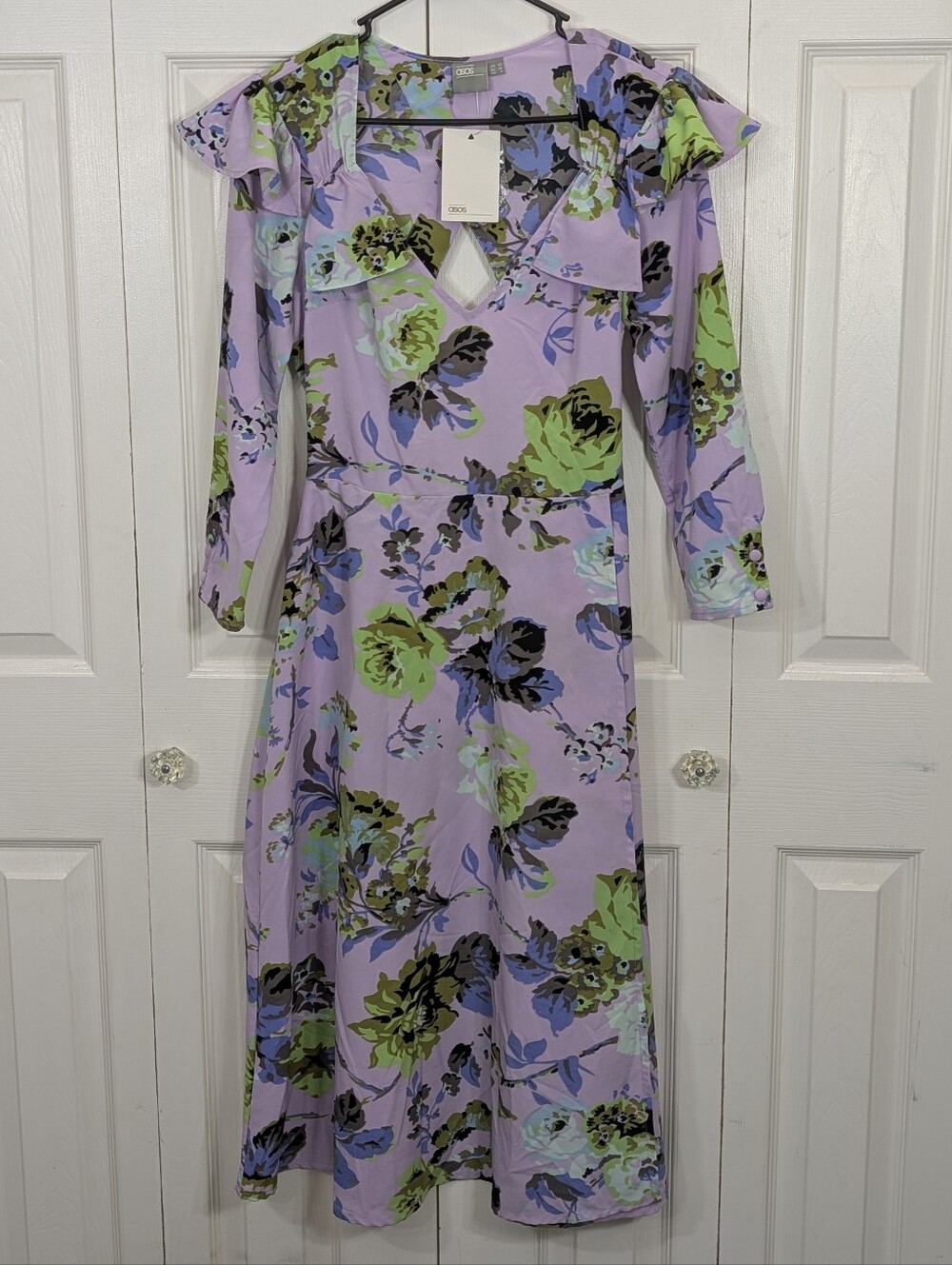 ASOS DESIGN: Lilac Floral V-Neck Ruffle Shoulder Midi Dress - Size 8